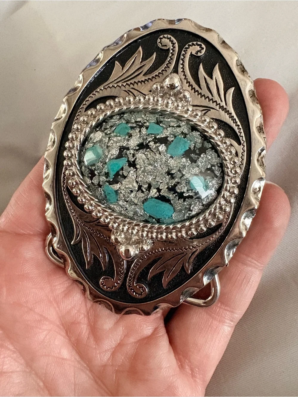 Decorative Turquoise and Silver Oval Accent BELT BUCKLE